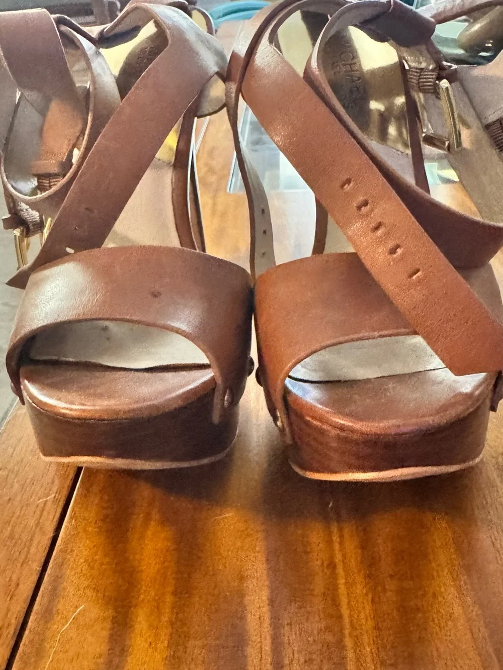Michael Kors Brown Leather High Heel Platform Sandals with Gold Buckle Strappy
